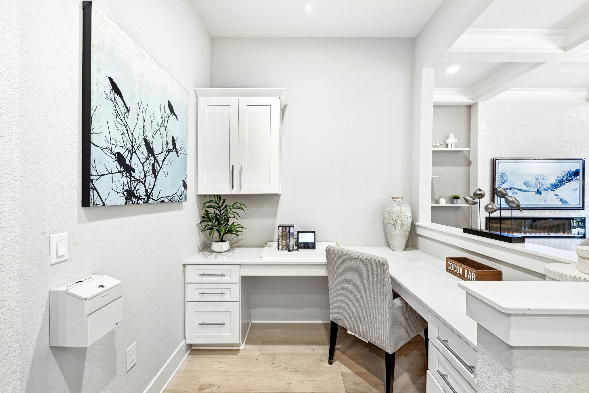 9008 Harper Rae Drive Austin, TX 78717 - Photo 16 of 39 Dedicated workspace featuring built-in white cabinetry, light wood-finish flooring, and recessed lighting