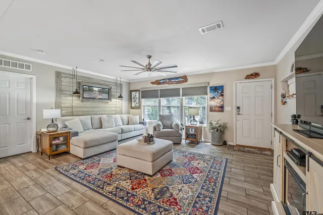 a living room with furniture and a rug