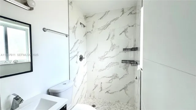 a bathroom with a shower and a toilet