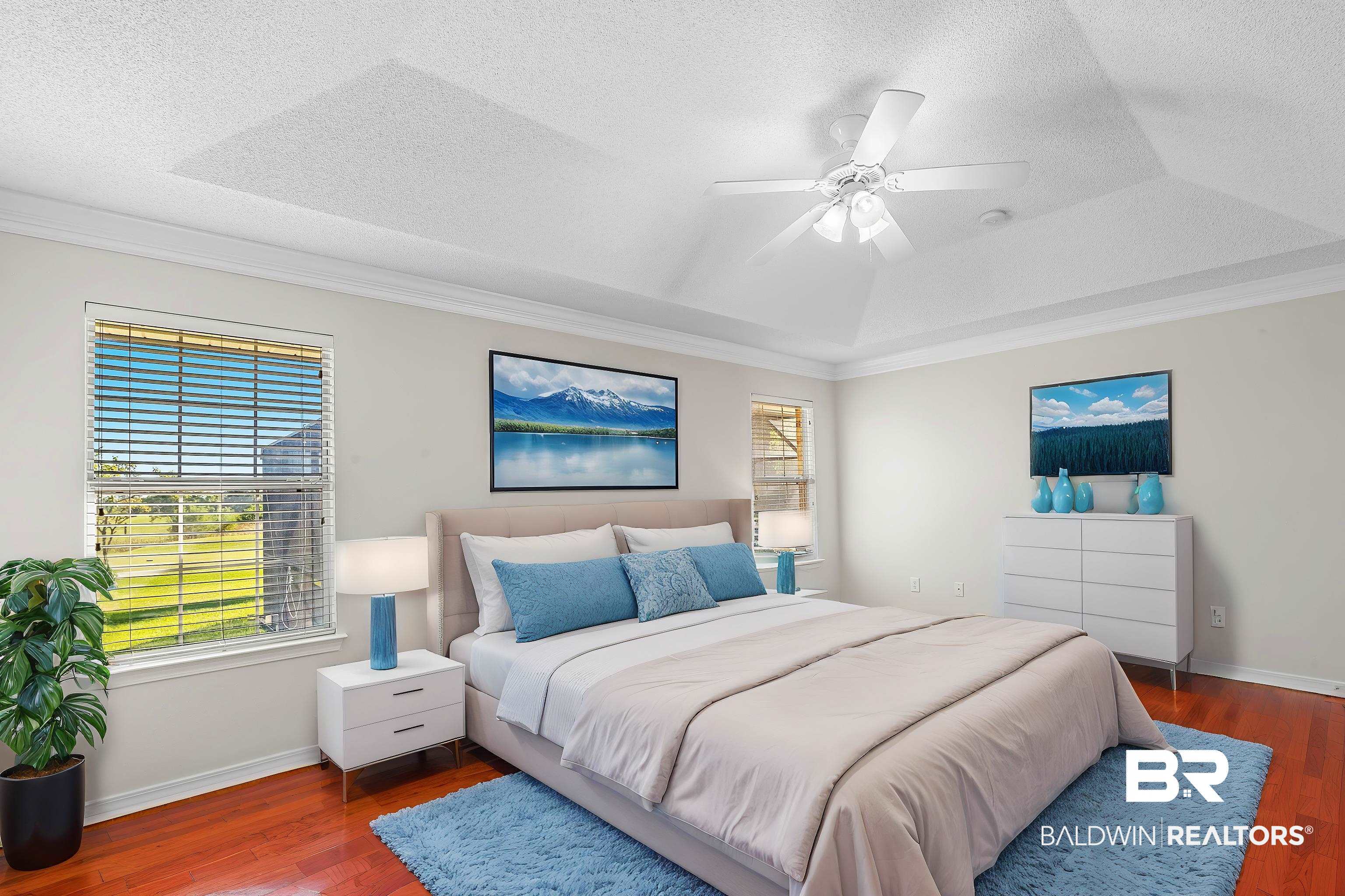 421 Collinwood Loop Foley, AL 36535 - Photo 60 of 62 Bedroom featuring ceiling fan, multiple windows, dark hardwood / wood-style floors, and a tray ceiling