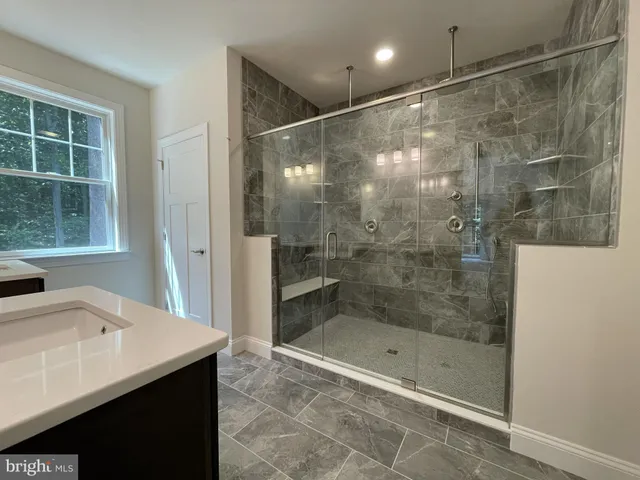 a bathroom with a shower and a sink
