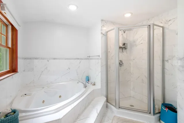 a bathroom with a bathtub and a shower