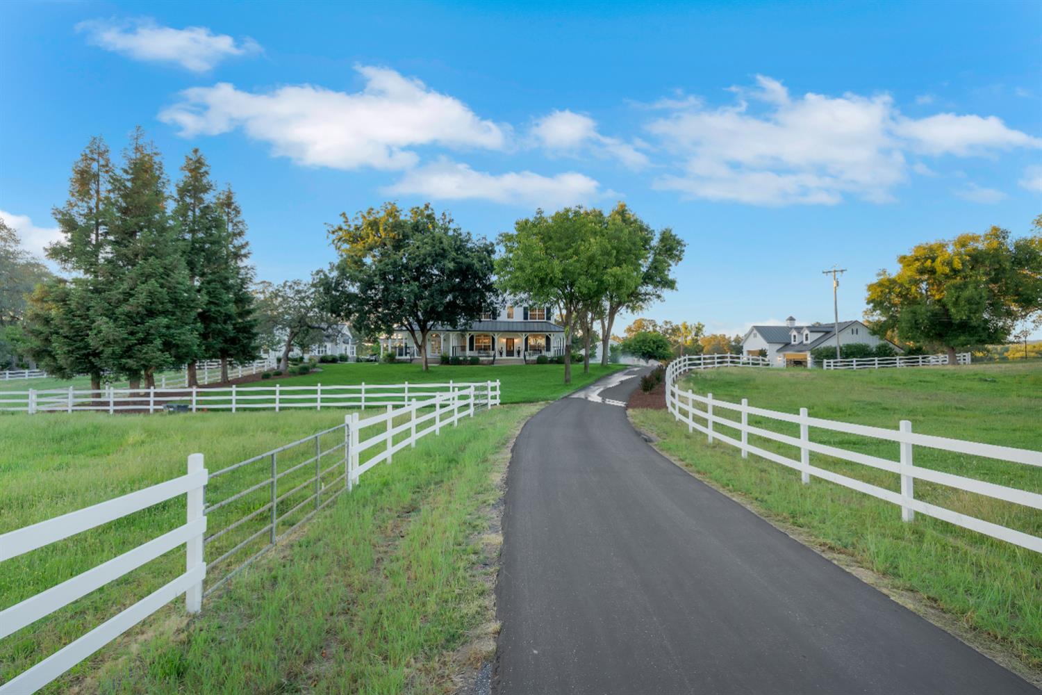 2905 Virginiatown Road Lincoln, CA 95648 - Photo 71 of 86 Paved drive with white picket fencing, expansive green lawn, mature trees, and a distant two-story residence with a covered porch
