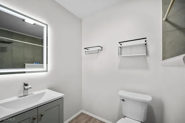 a bathroom with a sink vanity and toilet