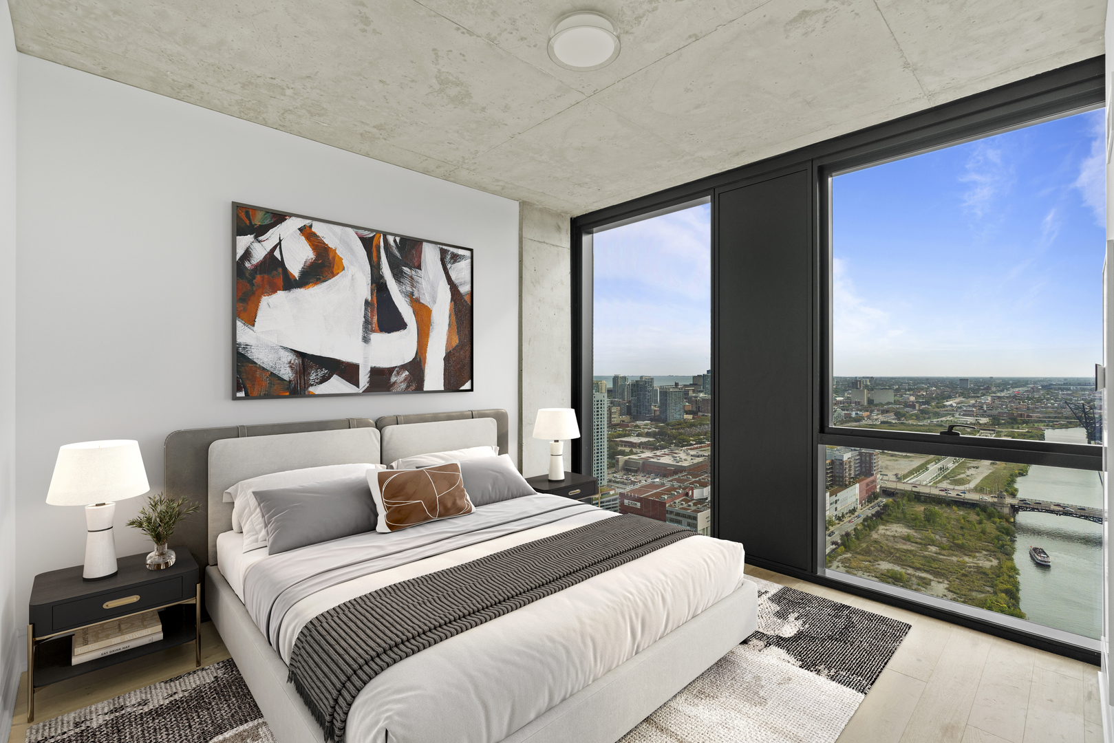 234 West Polk Street, Unit 3701 Chicago, IL 60607 - Photo 11 of 32 a bedroom with a balcony a bed and a painting on the wall