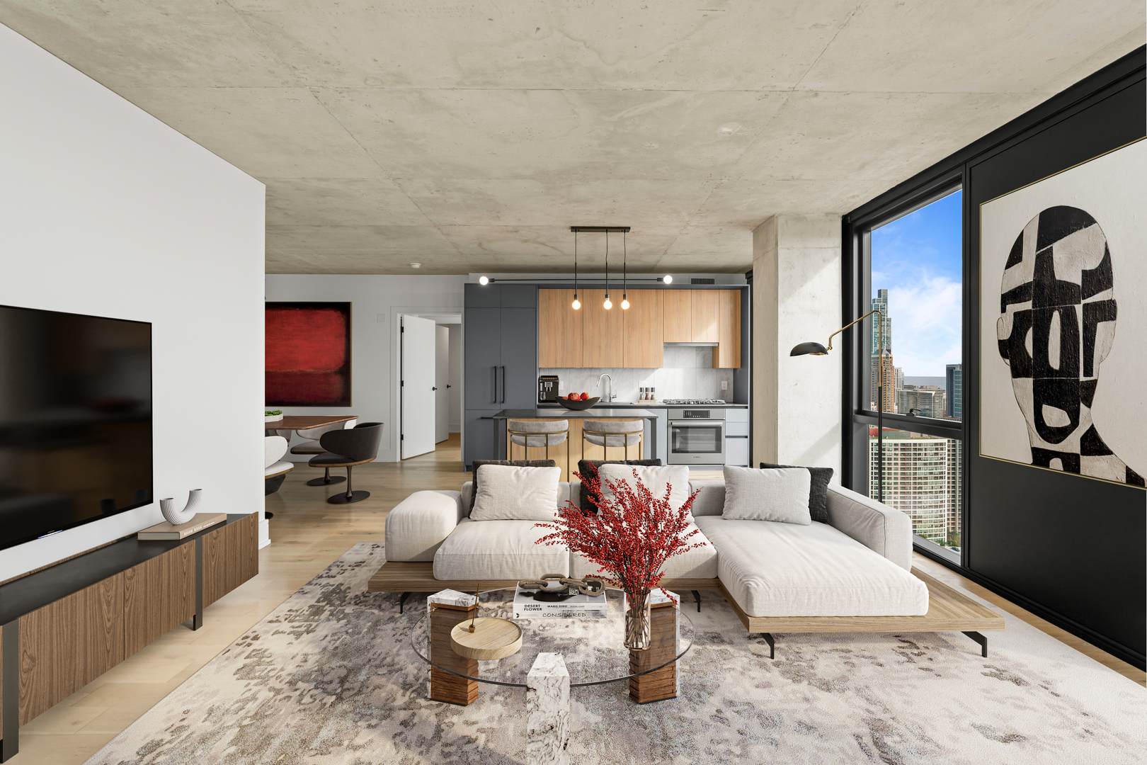 234 West Polk Street, Unit 3701 Chicago, IL 60607 - Photo 4 of 32 a living room with furniture and a flat screen tv