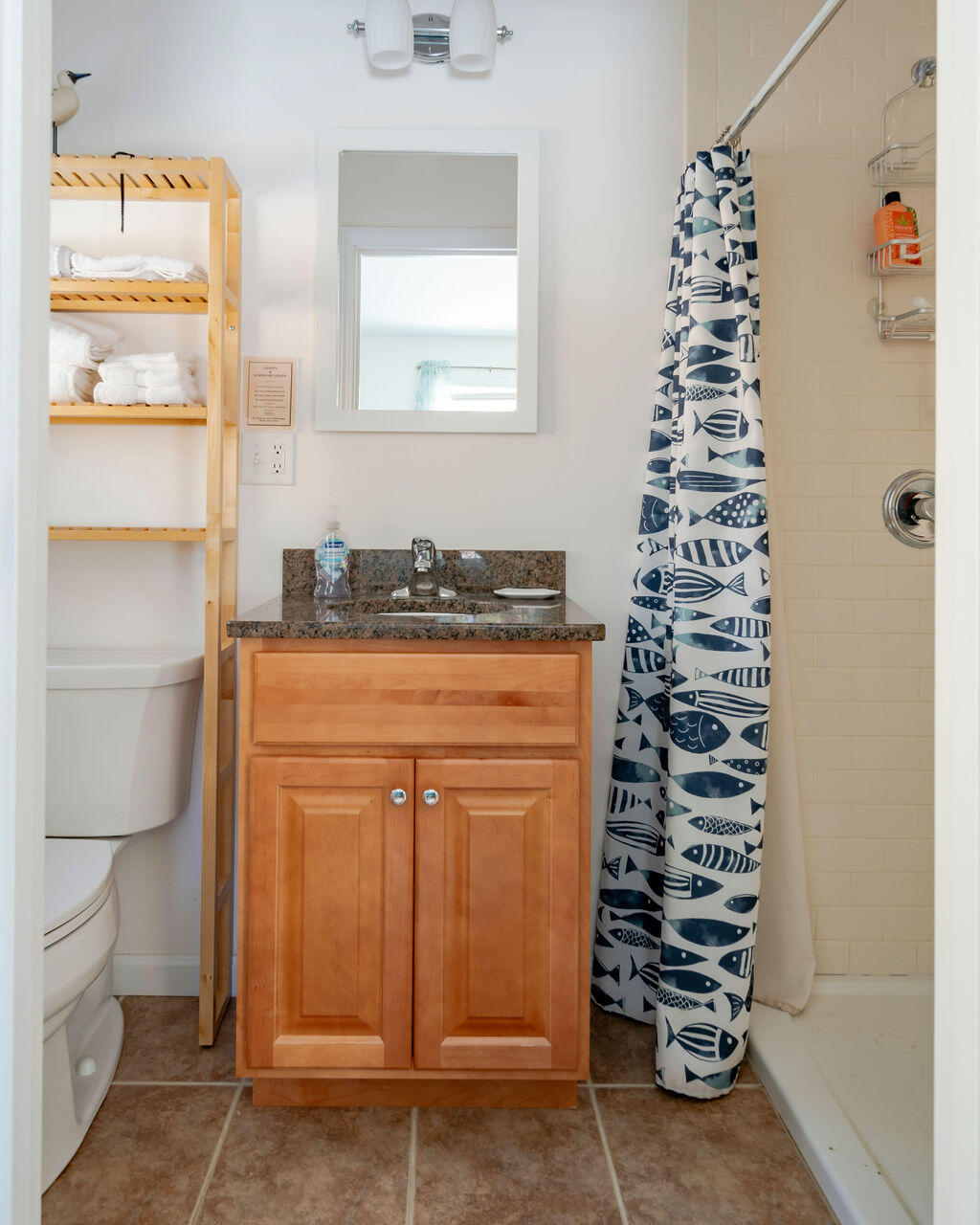 45 Perch Pond Way Wellfleet, MA 02667 - Photo 42 of 82 a bathroom with a granite countertop sink a mirror and a shower