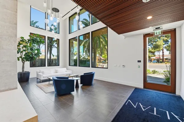 a living room with large window