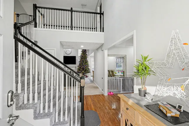 a view of a balcony with furniture