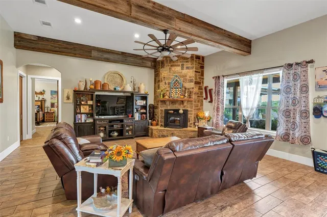 a living room with fireplace furniture and a flat screen tv