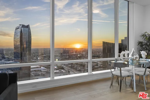 a view of a city from a dining room