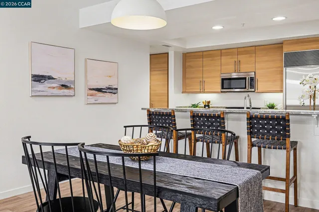 a view of a dining room with furniture