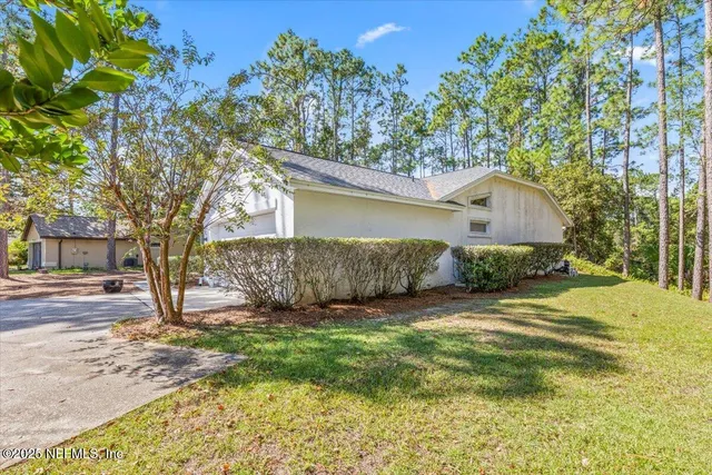 a view of a house with a yard and large tree