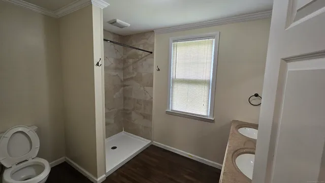 a bathroom with a shower a toilet and a sink