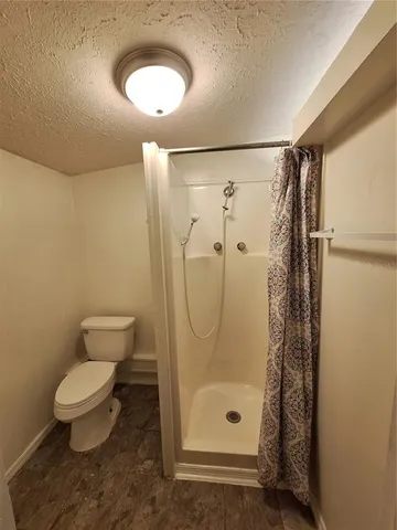 a bathroom with a shower a toilet and a sink