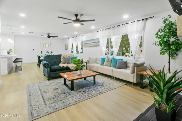 a living room with furniture potted plant and a window