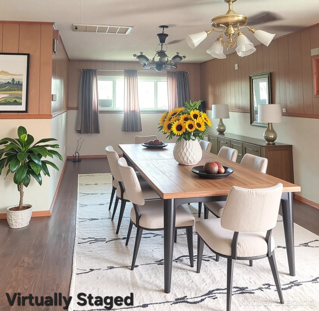 a dining room with furniture and chandelier