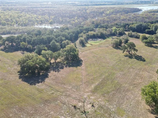 an aerial view of residential houses with outdoor space and trees