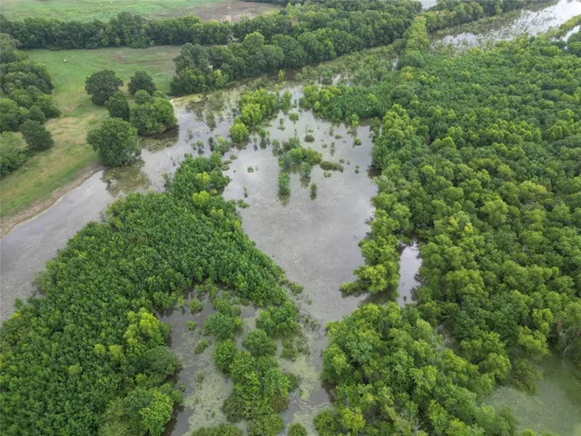 an aerial view of residential houses with outdoor space and trees