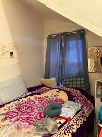 a bedroom with a bed and a potted plant