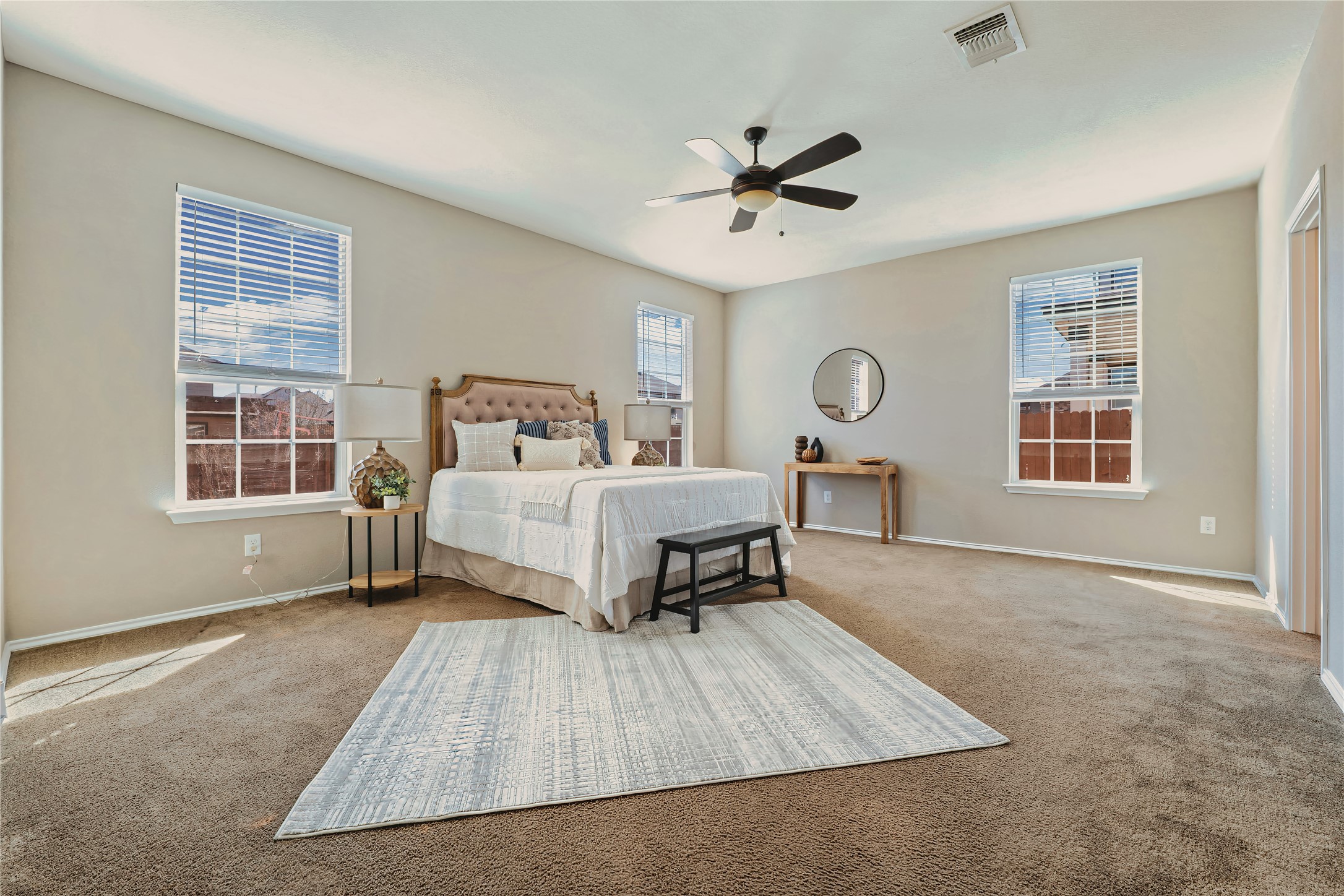 207 Telluride Drive Georgetown, TX 78626 - Photo 14 of 40 Main bedroom featuring carpet flooring and a ceiling fan, located in the first floor.