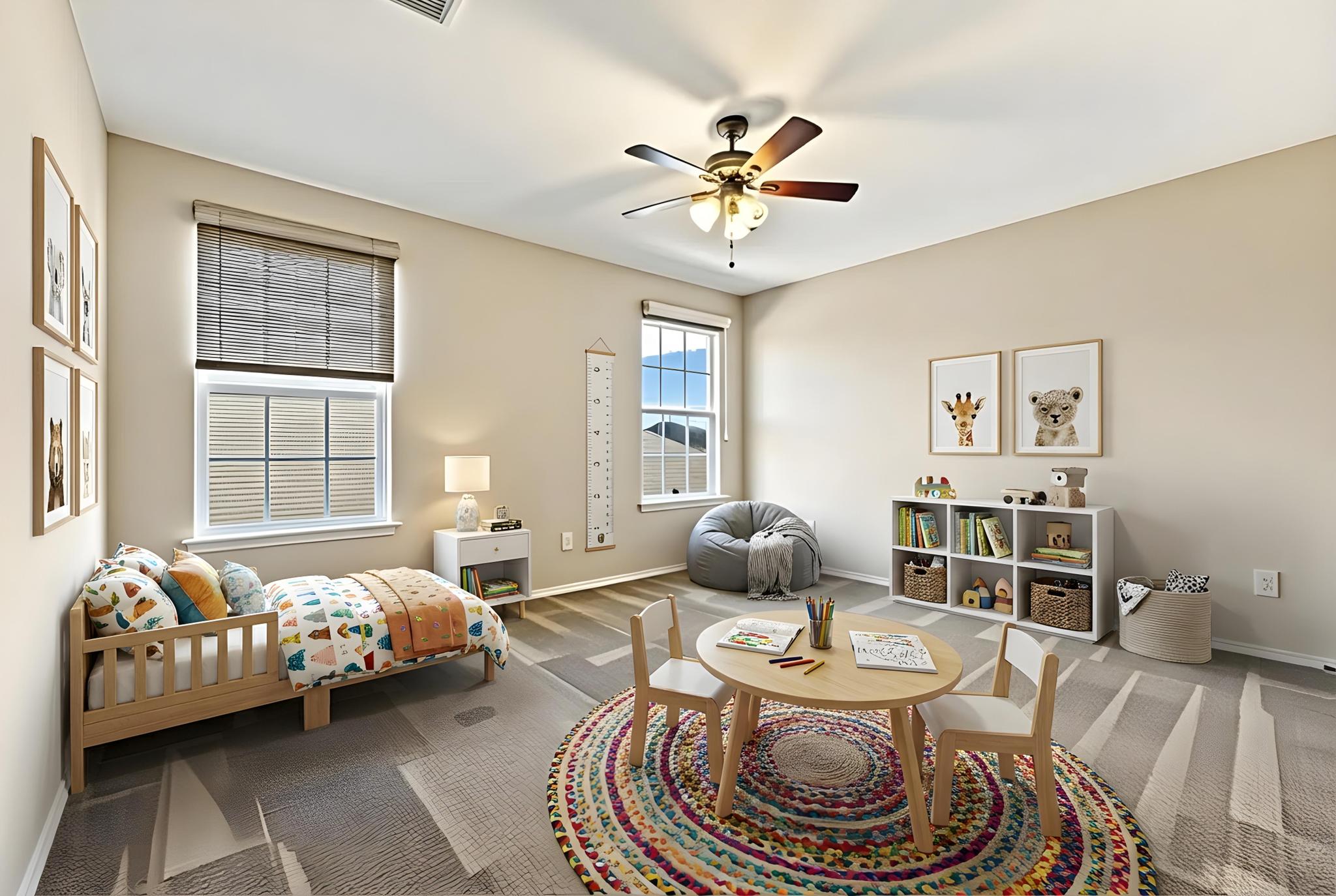 207 Telluride Drive Georgetown, TX 78626 - Photo 30 of 40 Staged Bedroom #6 offers carpet, white baseboards and ceiling fan