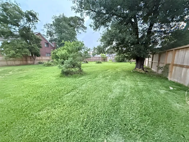 a garden with trees in front of it