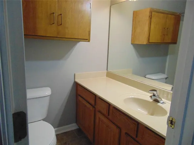 a bathroom with a sink toilet and mirror