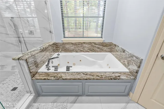 a bathroom with a bathtub and a shower