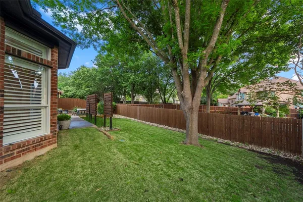 a view of a backyard with large trees and wooden fence