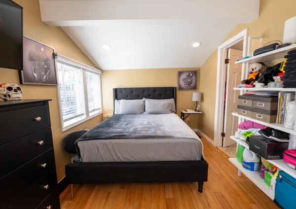 a view of a room that has a window in it