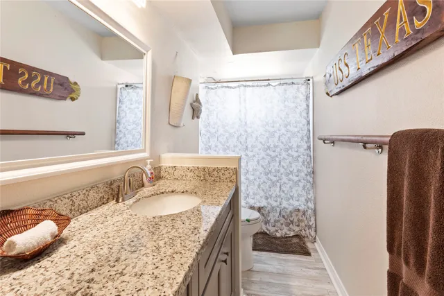 a bathroom with a granite countertop sink a vanity and shower
