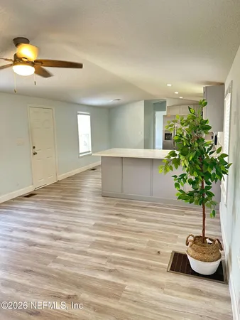 a living room with furniture and a potted plant