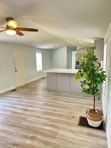 a living room with furniture and a potted plant