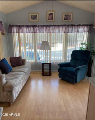 a living room with furniture and a lamp