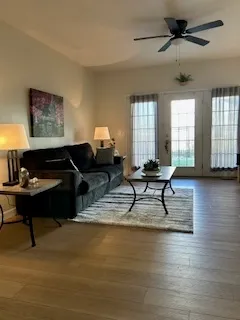 a living room with furniture and a rug