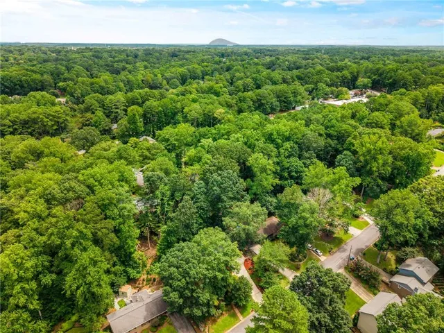 an aerial view of residential houses with outdoor space and trees