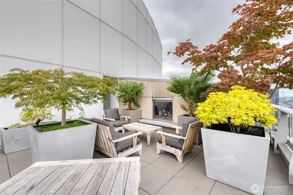a sitting area with furniture and garden