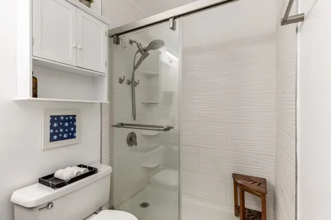 a bathroom with a shower toilet and a sink