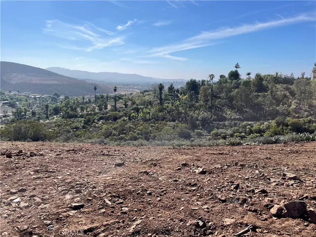 a view of a dry yard with trees and mountains in the background