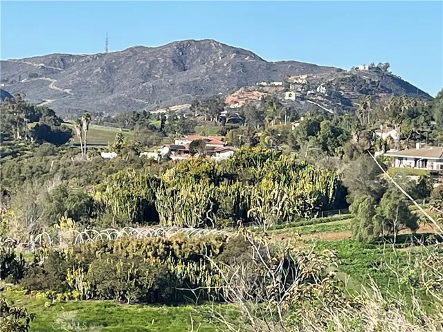 a view of a lush green field with mountains in the background
