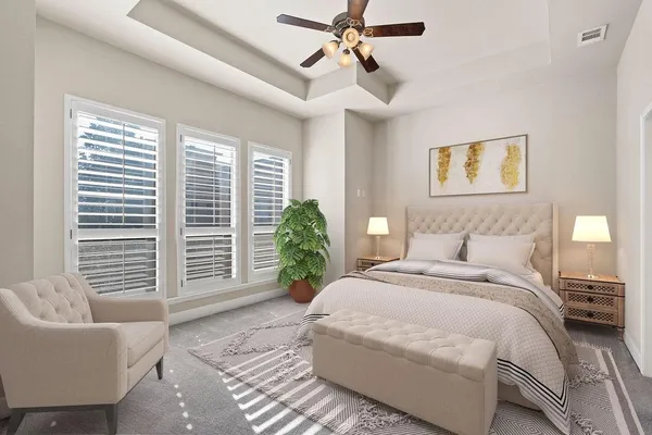 a bedroom with a balcony a bed and a couch