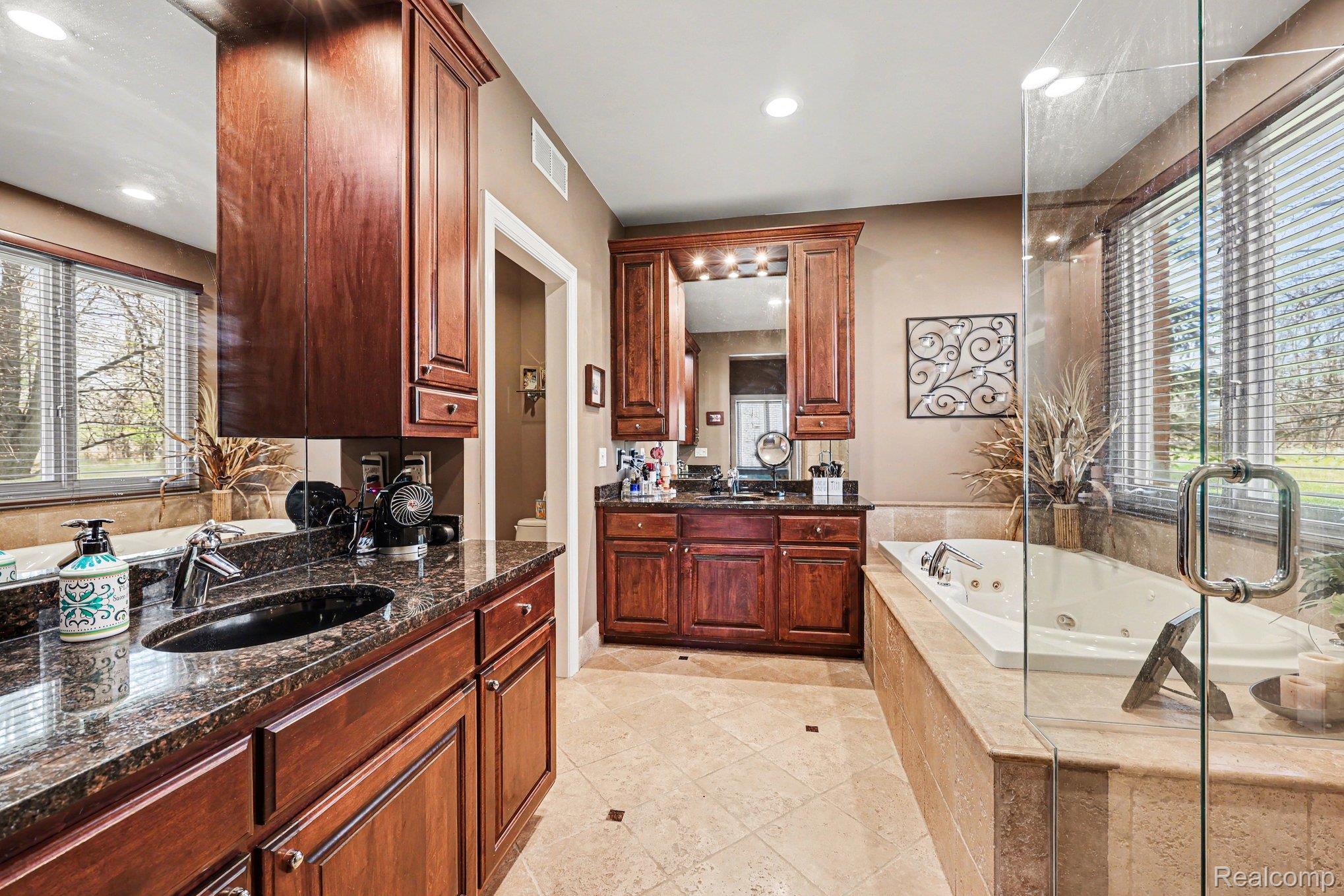 55256 Lee Road New Hudson, MI 48165 - Photo 16 of 28 Full bath featuring plenty of natural light, a whirlpool tub, two vanities, a shower stall, and recessed lighting