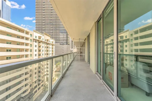 a view of a balcony with city view