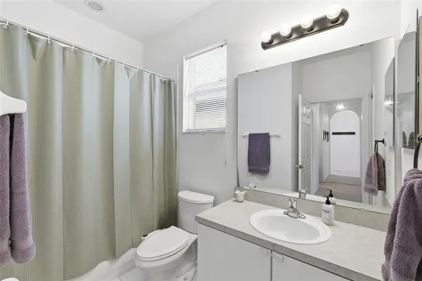 a bathroom with a sink a toilet a mirror and shower curtain