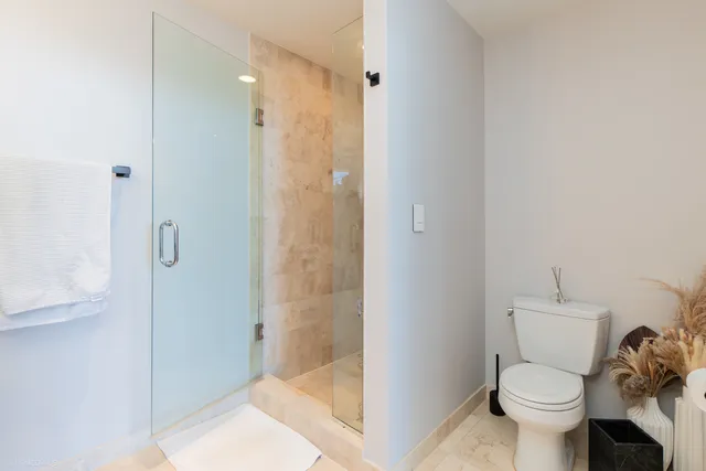 a bathroom with a toilet and a shower
