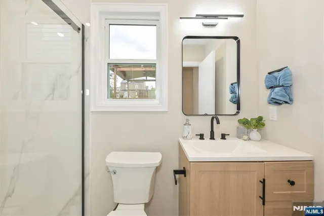 a bathroom with a sink a toilet and mirror