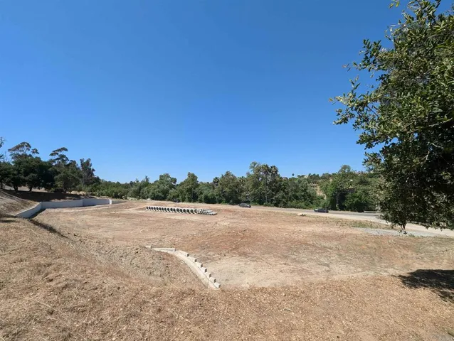 a view of dirt field with trees in background