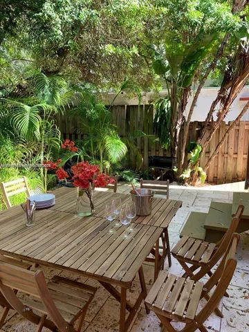 an outdoor space with seating