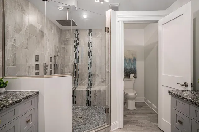 a bathroom with a granite countertop sink a toilet and shower